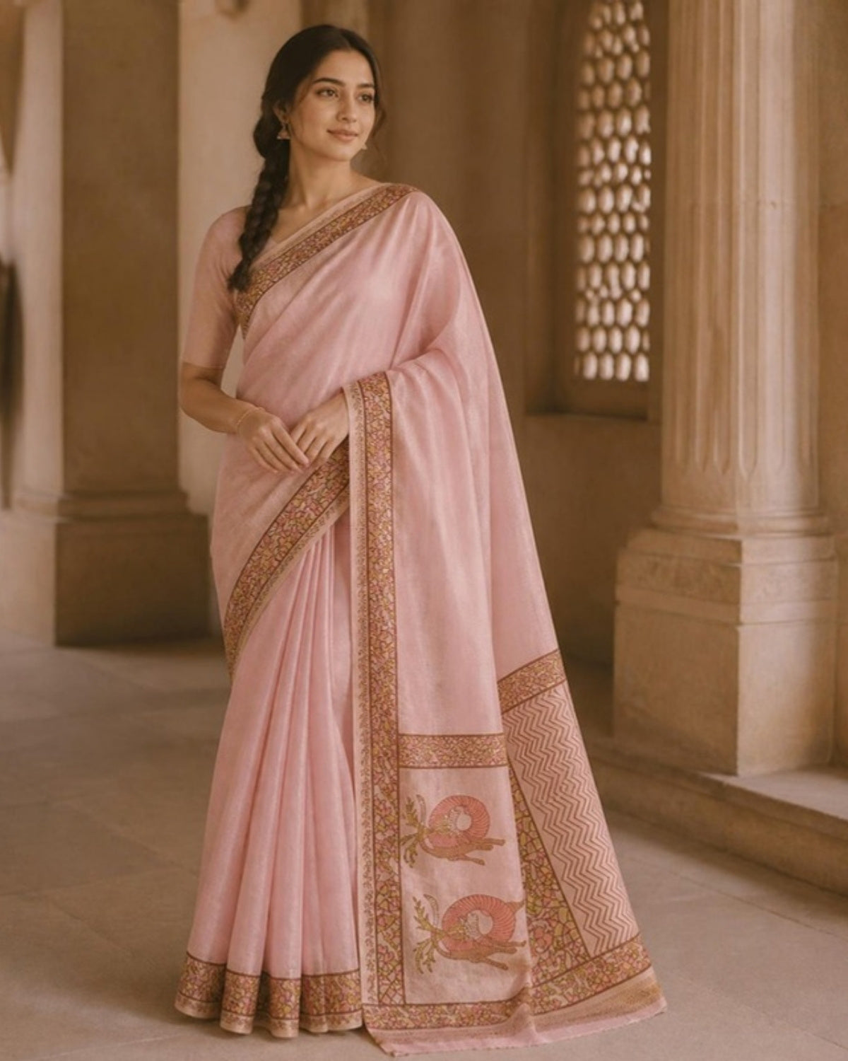 Styled image: model wearing the Gulabi Gond Art Saree with Gond Motifs