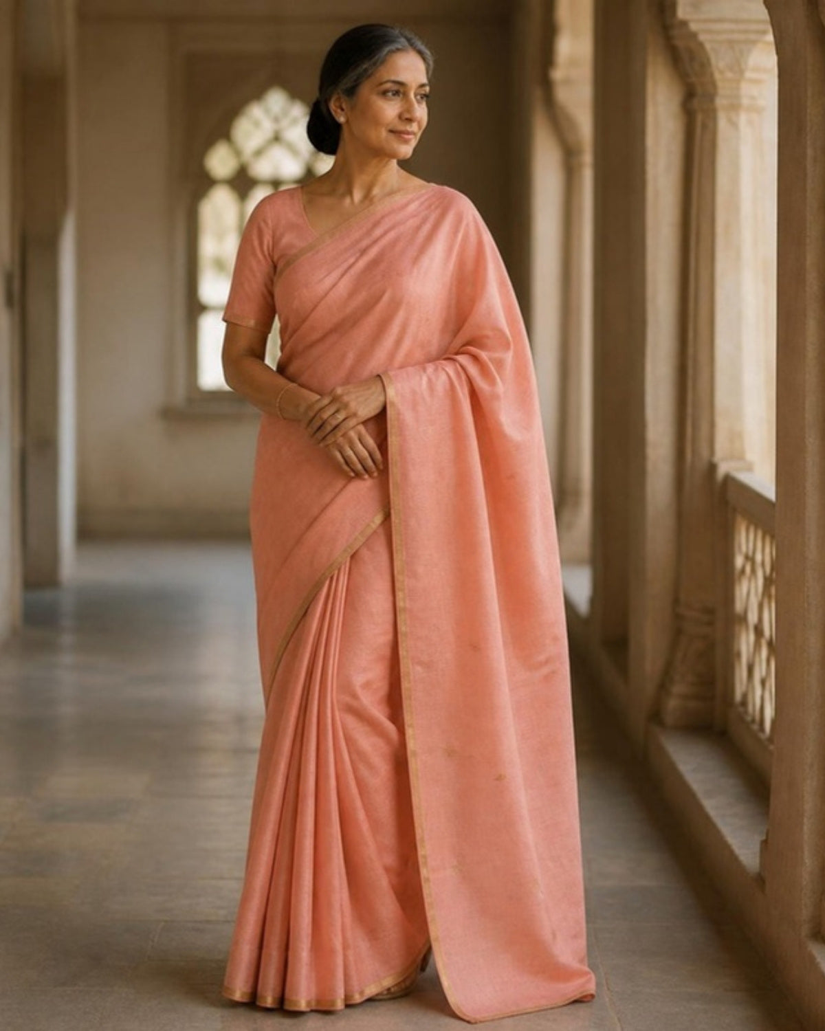 Styled image: model wearing the Gulabi Chanderi Tissue Saree