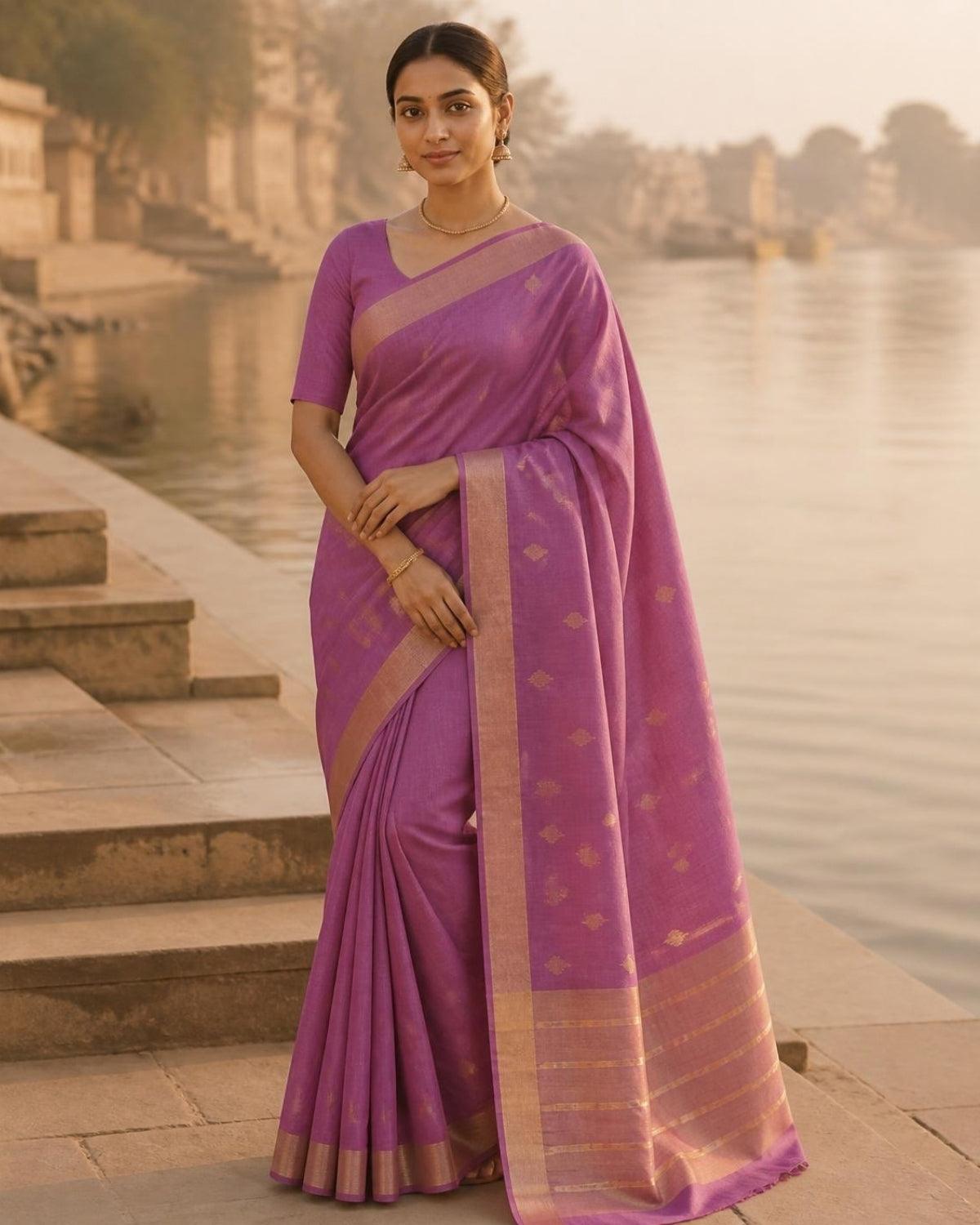 Styled image: model wearing the Jamuni Chanderi Silk & Cotton Saree