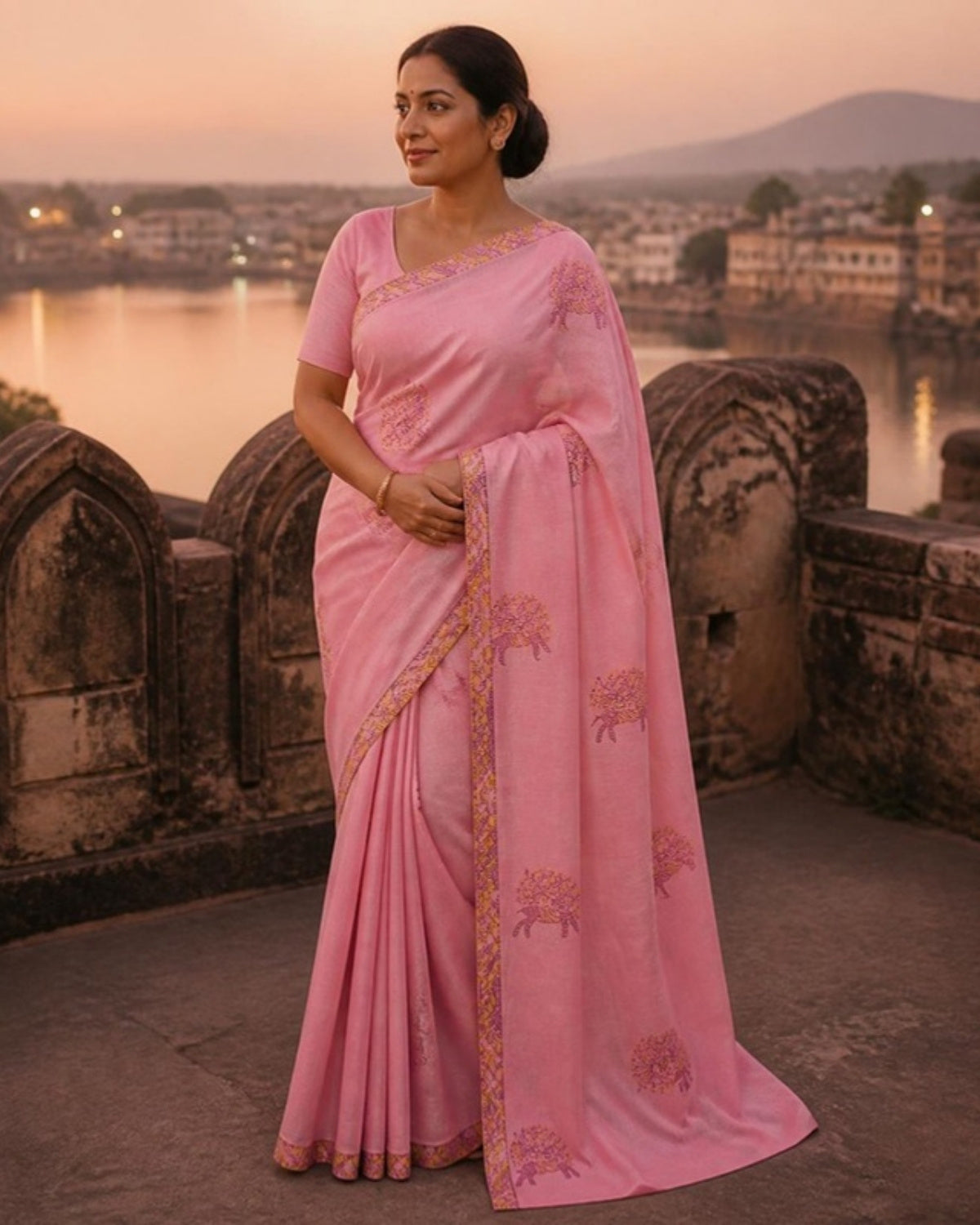 Styled image: model wearing the Jamuni Gond Art Saree with Gond Motifs