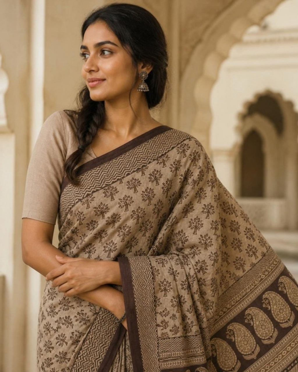 Styled image: Shyam Bagh Print Cotton Saree, pallu view