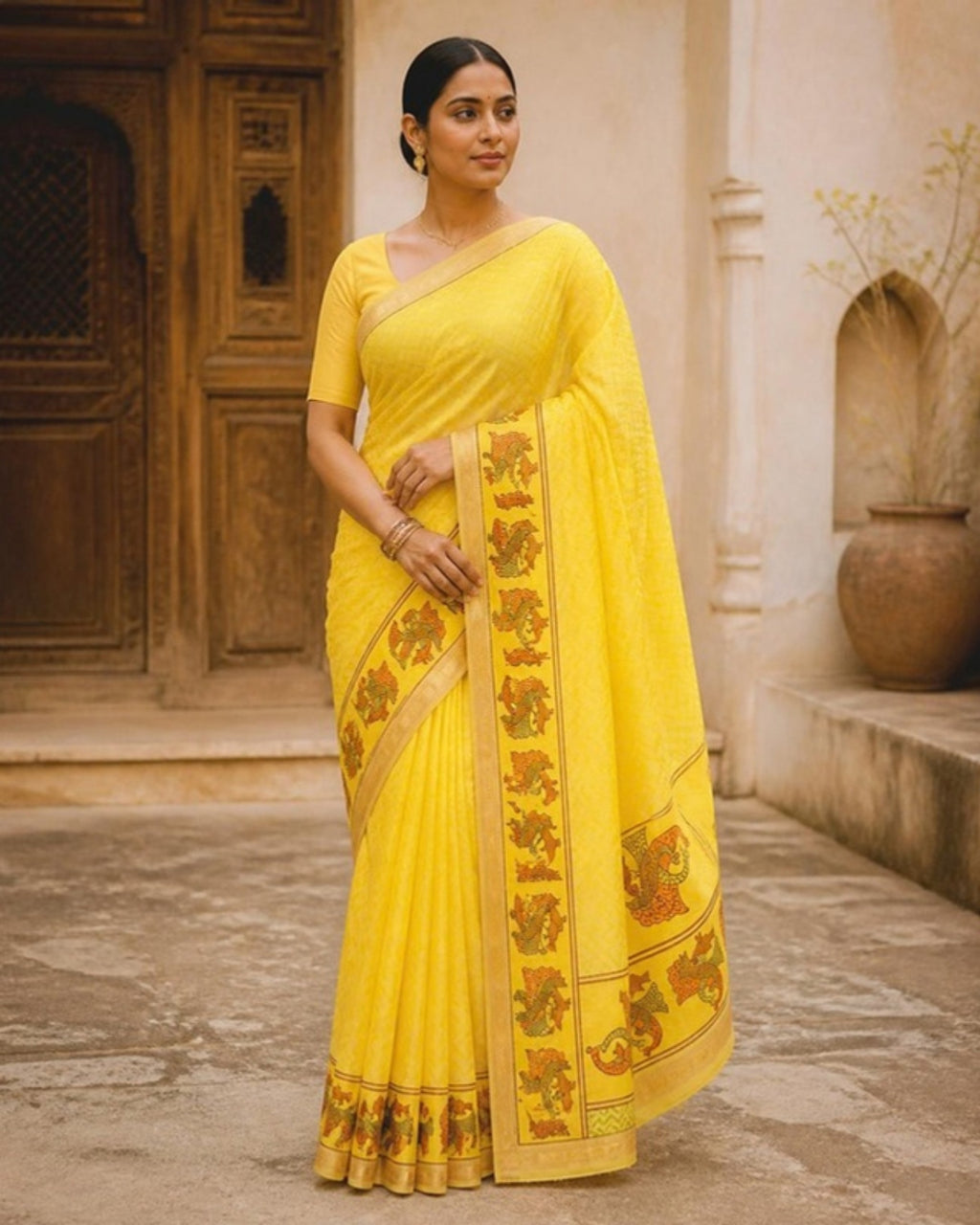 Styled image: model wearing the Haldi Gond Art Saree with Gond Motifs
