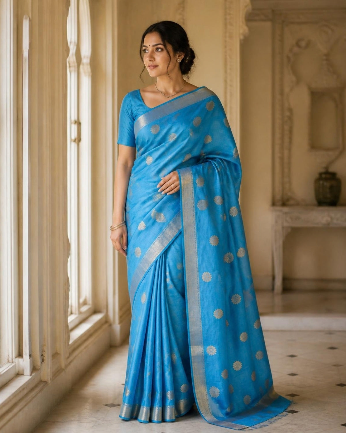 Styled image: model wearing the Neel Chanderi Silk & Cotton Saree