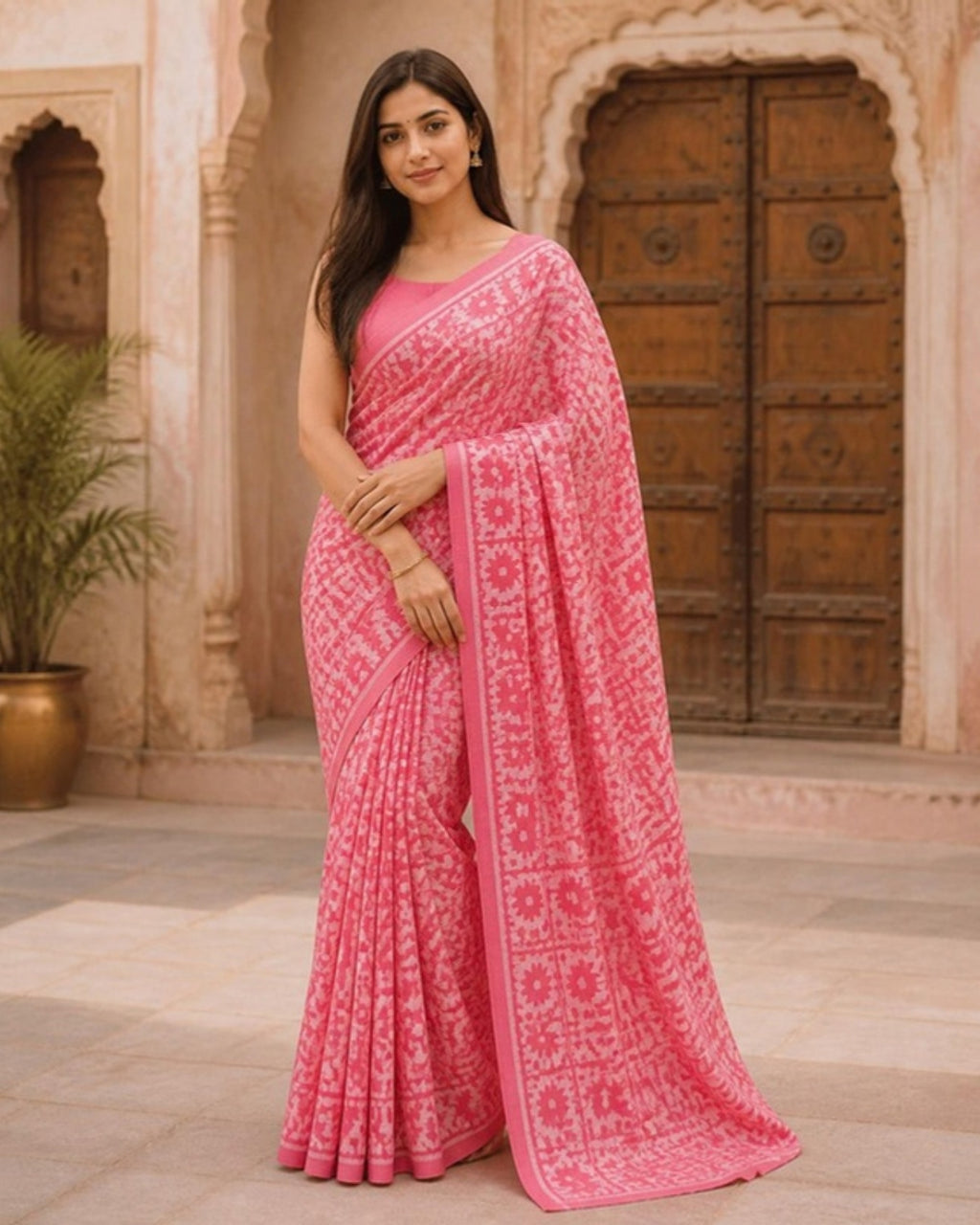 Styled image: model wearing the Gulabi Batik Cotton Saree