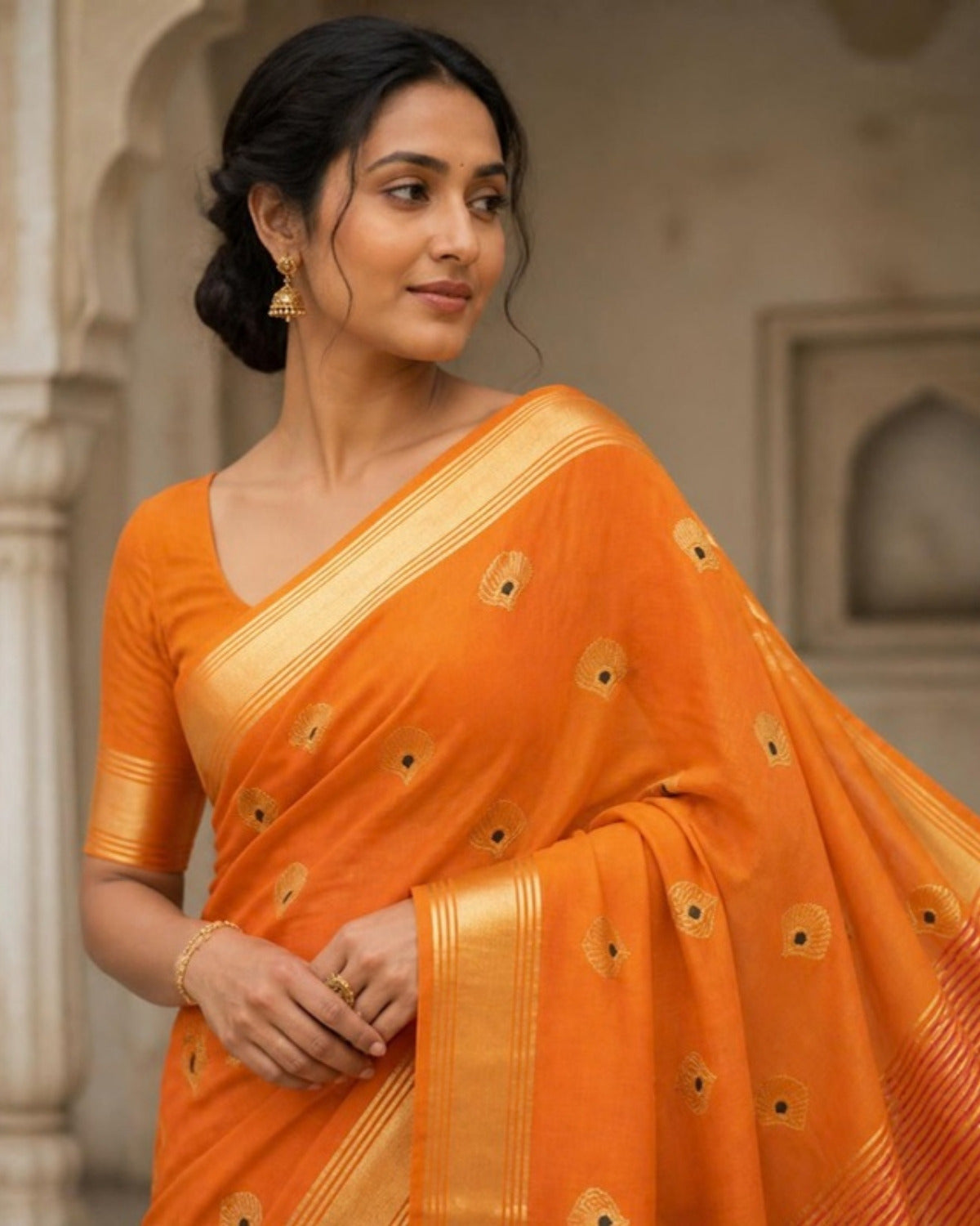 Styled image: Haldi Chanderi Silk & Cotton Saree with Meena Butis, pallu view