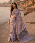 Styled image: model wearing the Dhuan Hand Block Print Saree