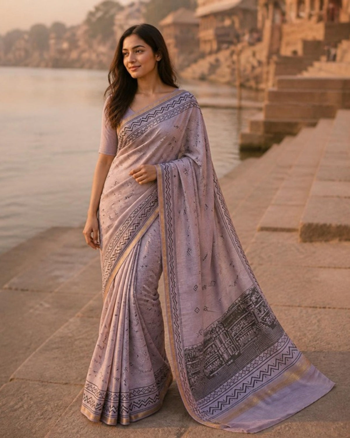 Styled image: model wearing the Dhuan Hand Block Print Saree