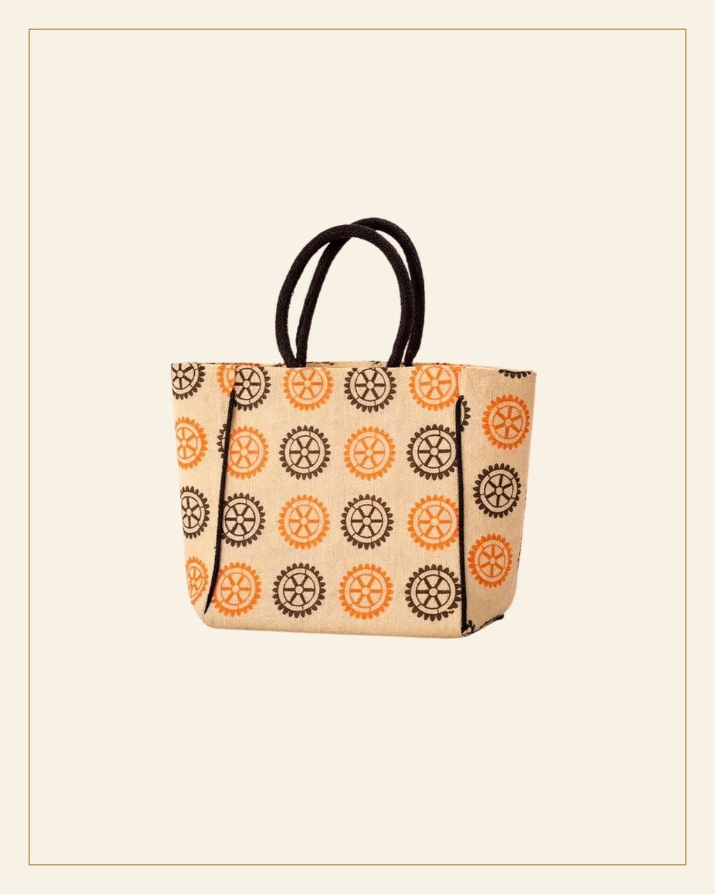 Handcrafted Printed Jute Tote Bag – Wheel Motif — Saptadhārā