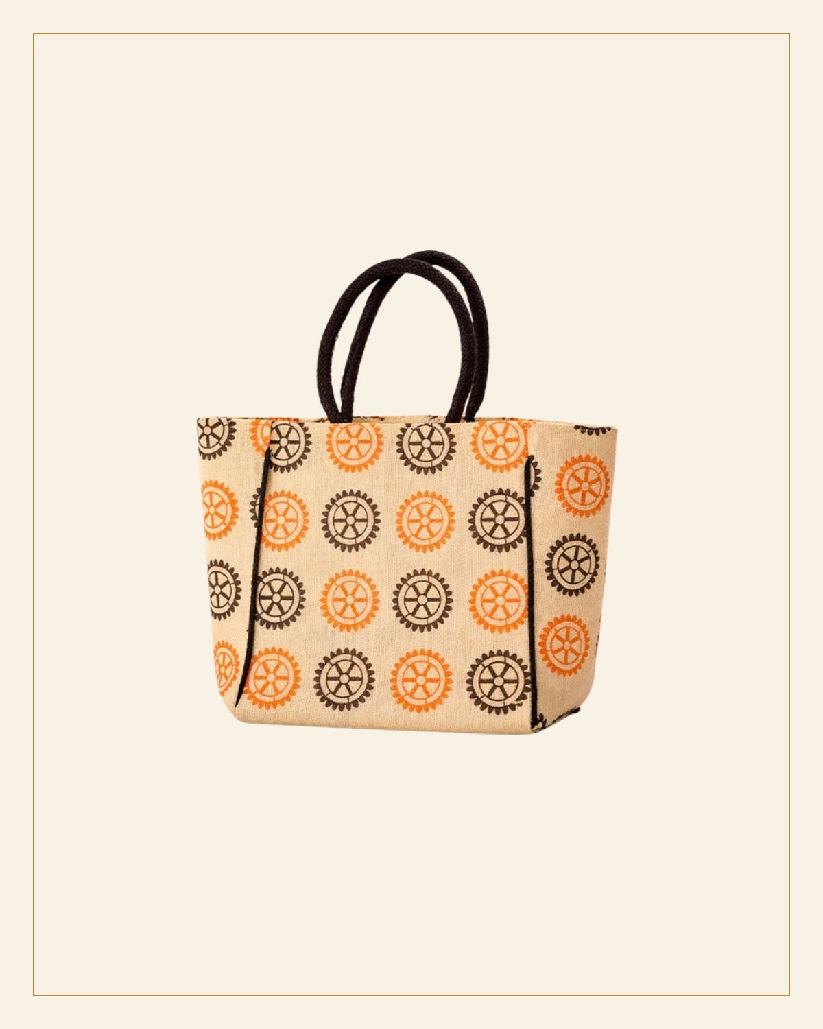 Handcrafted Printed Jute Tote Bag – Wheel Motif — Saptadhārā