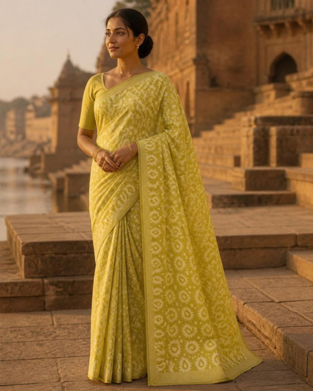 Styled image: model wearing the Dhani Batik Cotton Saree