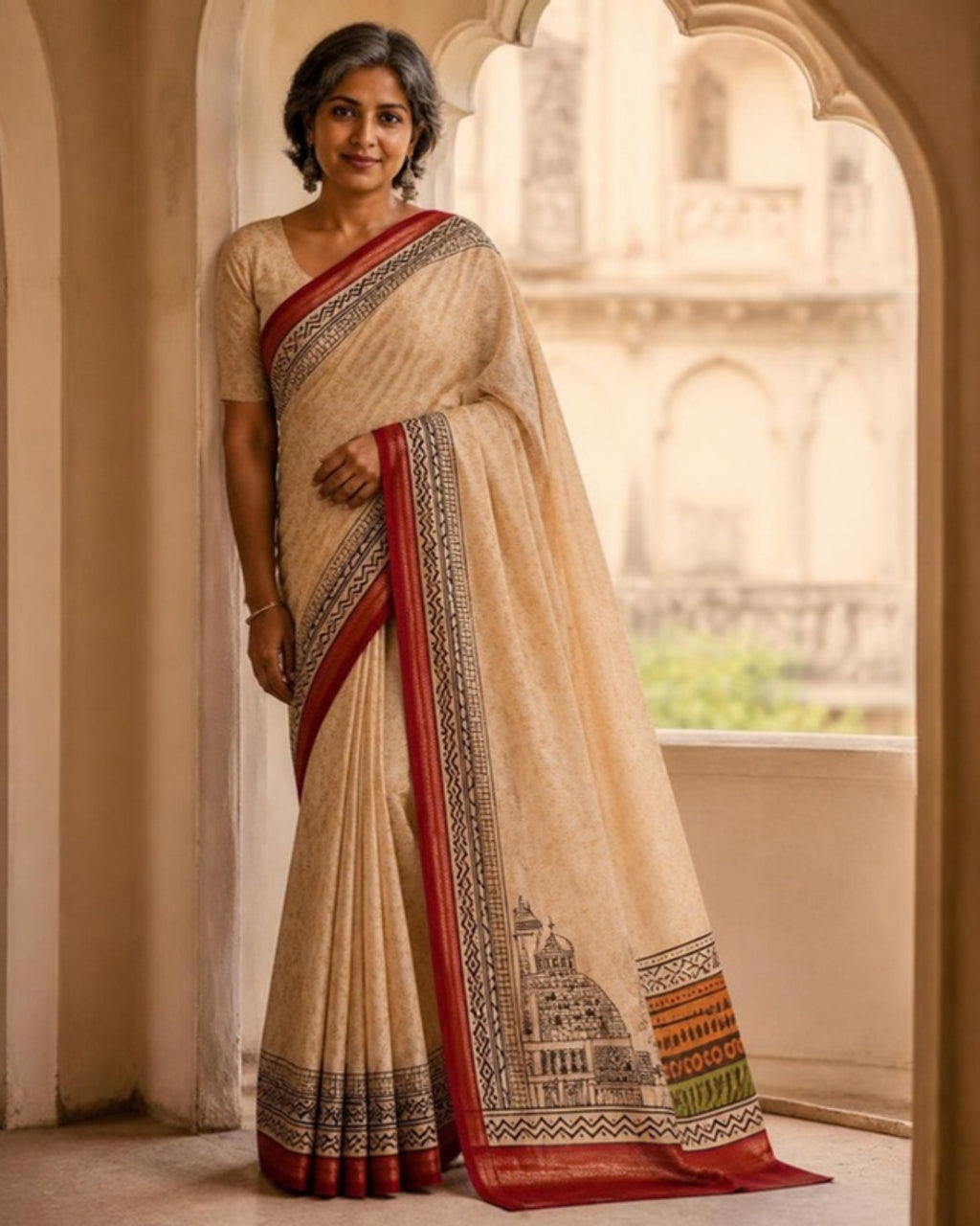 Styled image: model wearing the Heritage Block Print Maheshwari  Saree