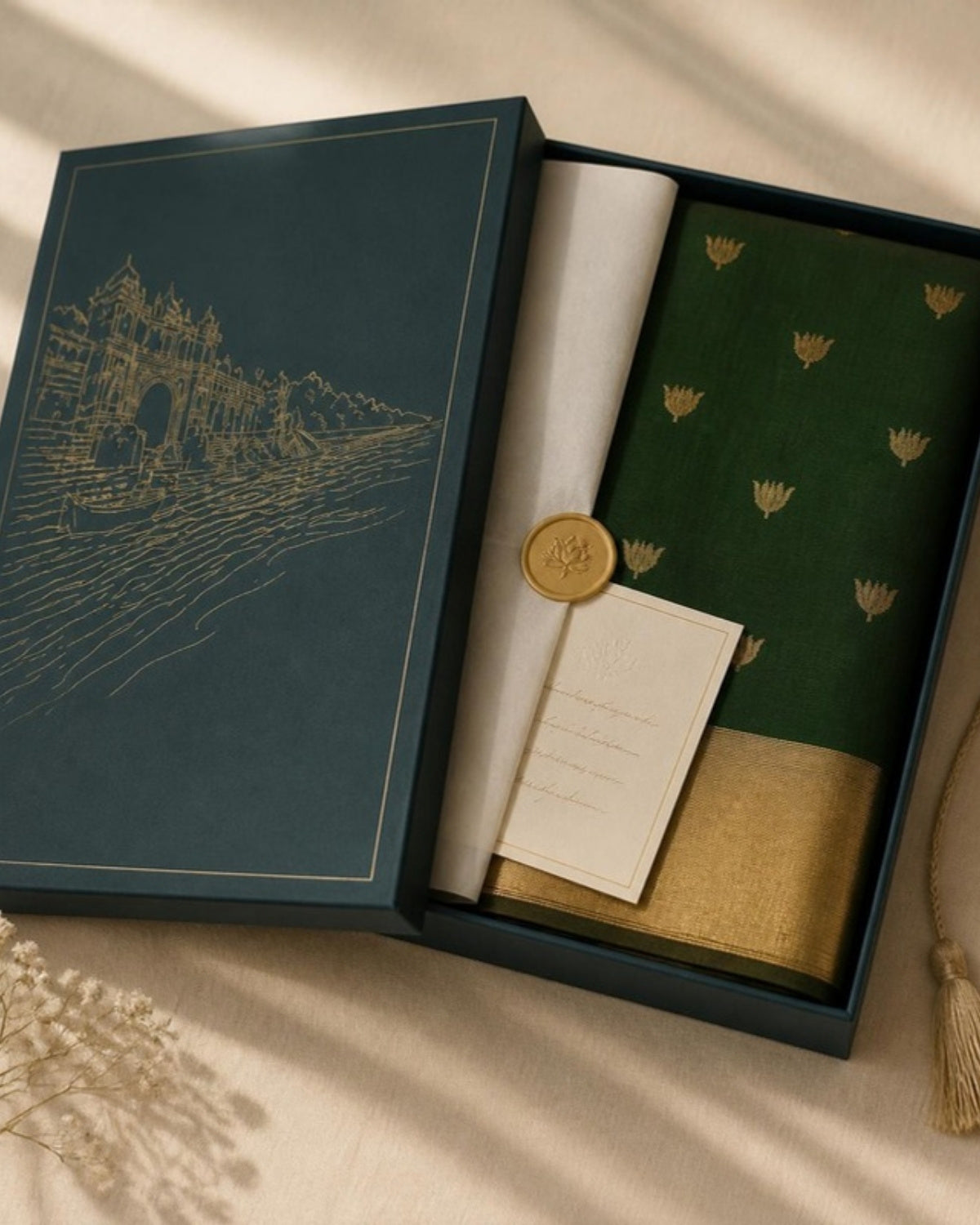 Dhani Chanderi Silk & Cotton Saree — in the Saptadhārā Narmada box
