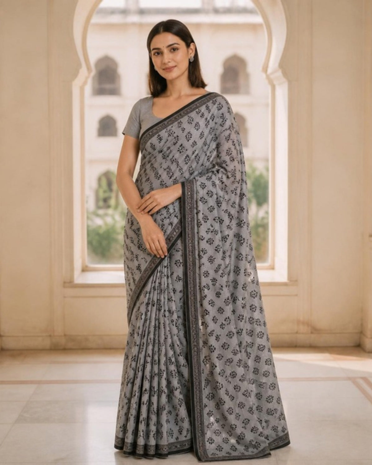 Styled image: model wearing the Dhuan Batik Cotton Saree