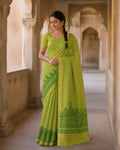 Styled image: model wearing the Heritage Block Print Maheshwari Saree