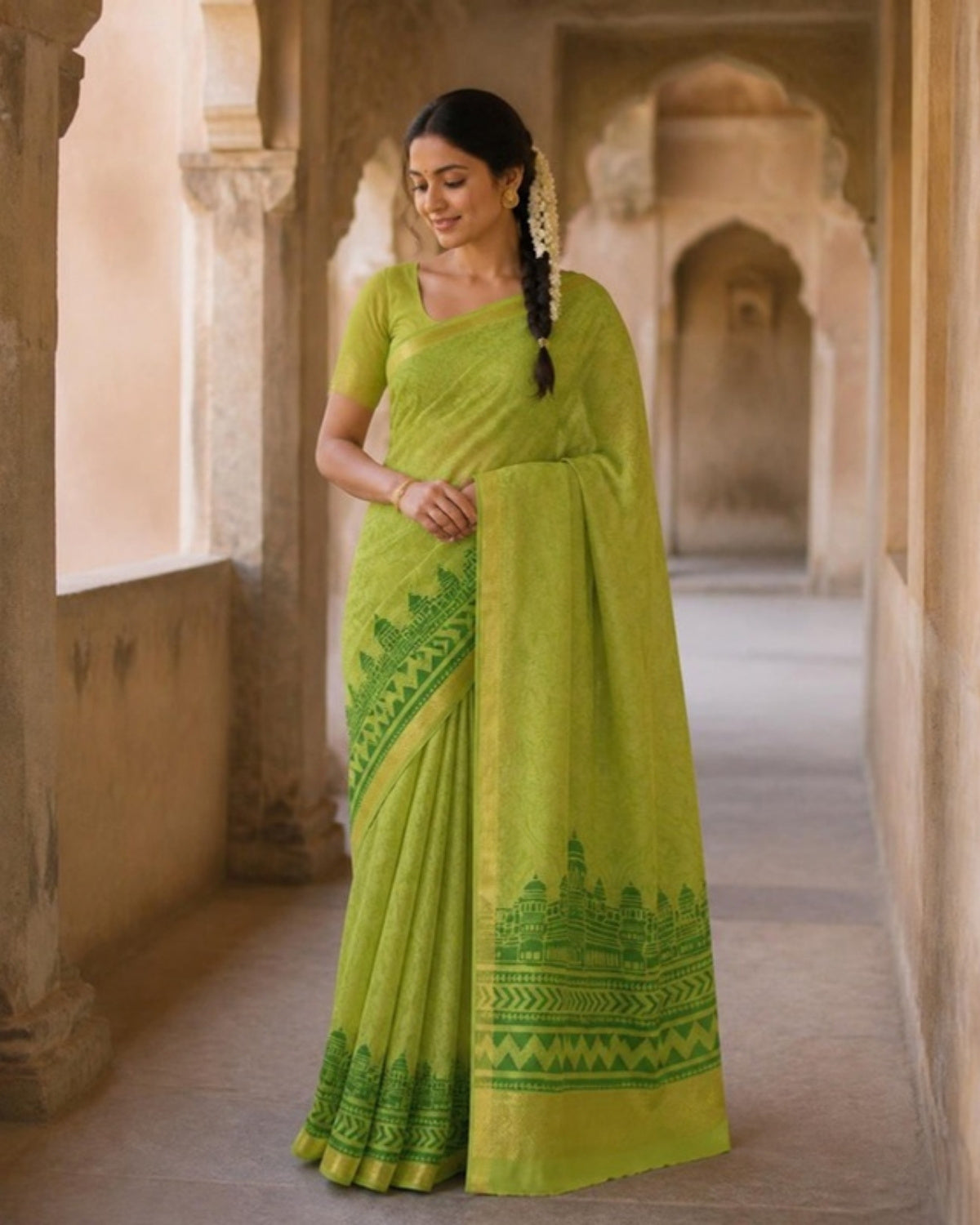Styled image: model wearing the Heritage Block Print Maheshwari Saree