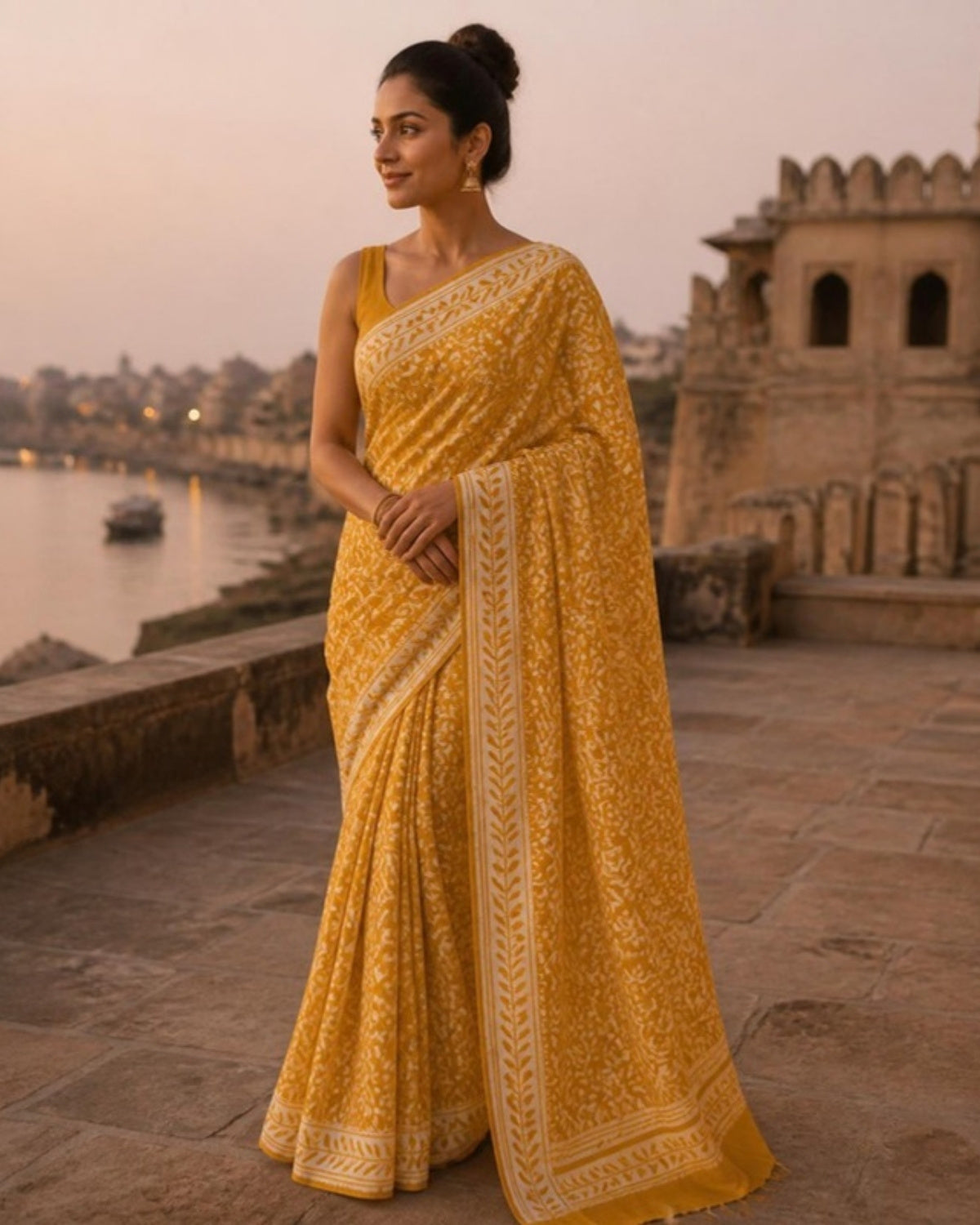 Styled image: model wearing the Handcrafted Batik Print Cotton Saree with Blouse Piece