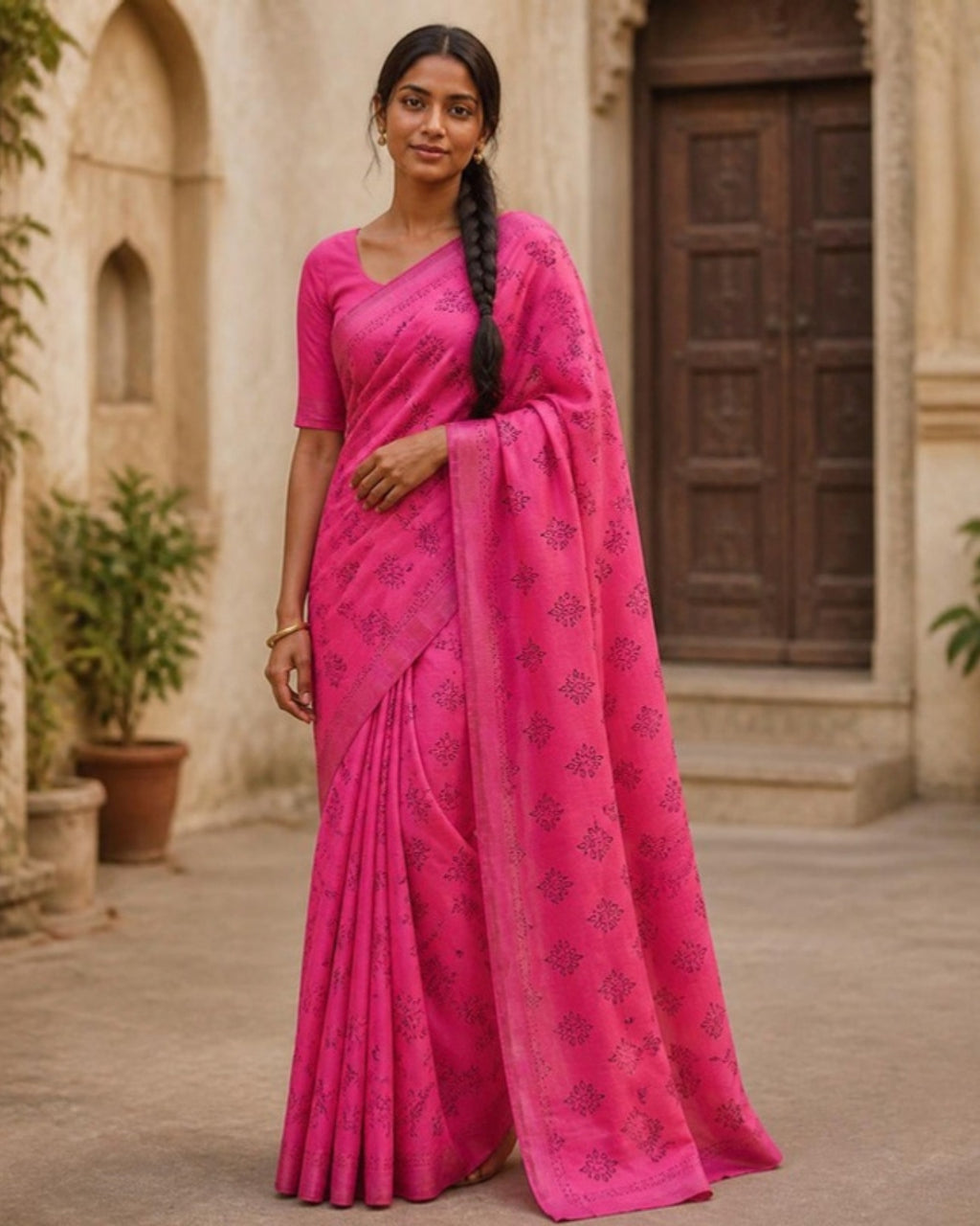 Styled image: model wearing the Handcrafted Batik Print Cotton Saree with Blouse Piece