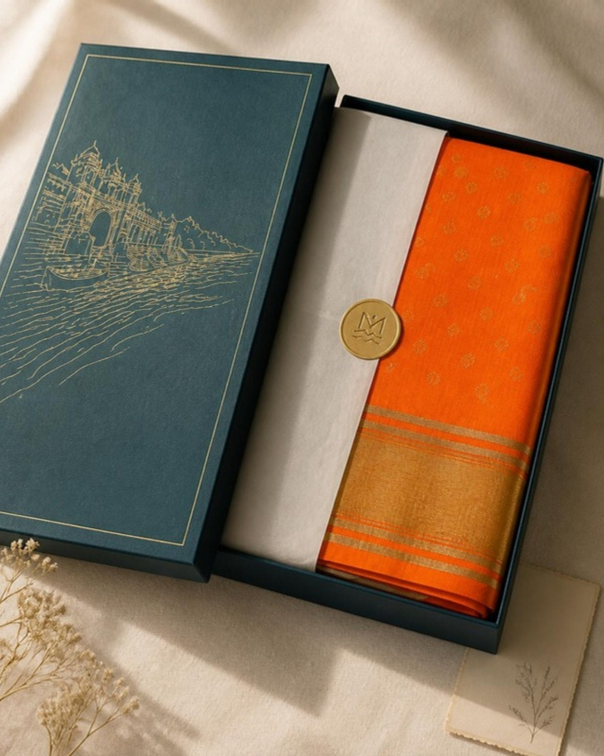 Haldi Chanderi Silk & Cotton Saree with Meena Butis — in the Saptadhārā Narmada box