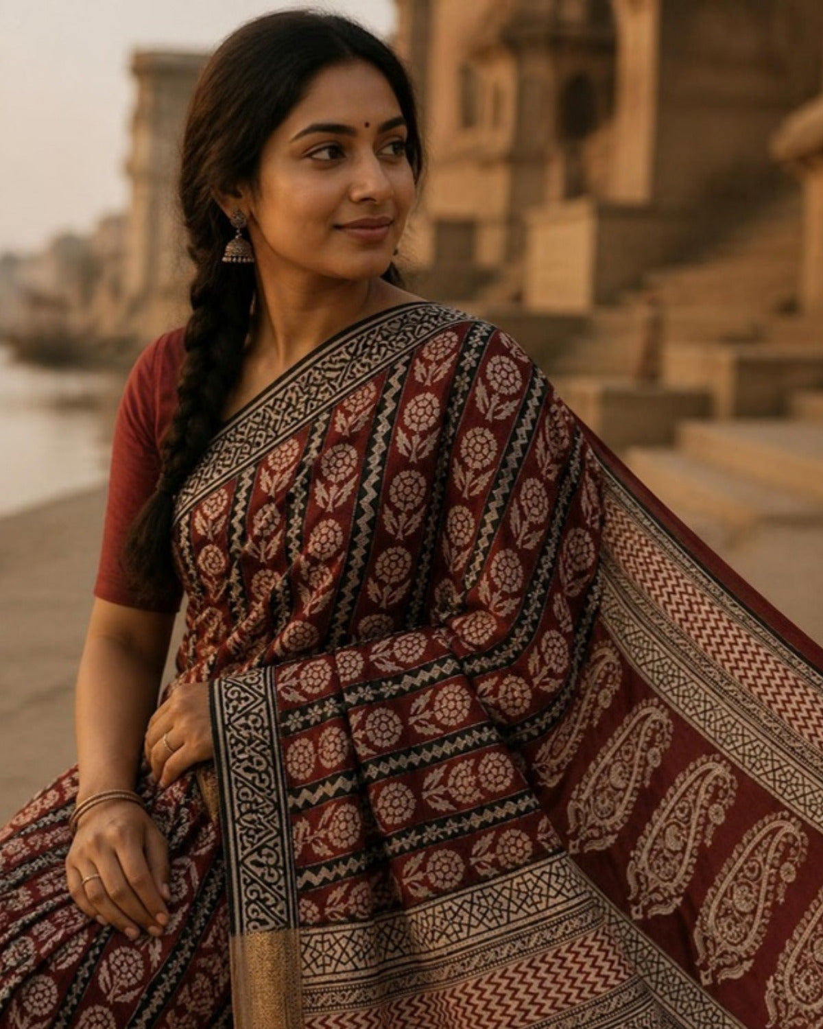 Styled image: Sindoori Bagh Print Silk & Cotton Saree, pallu view