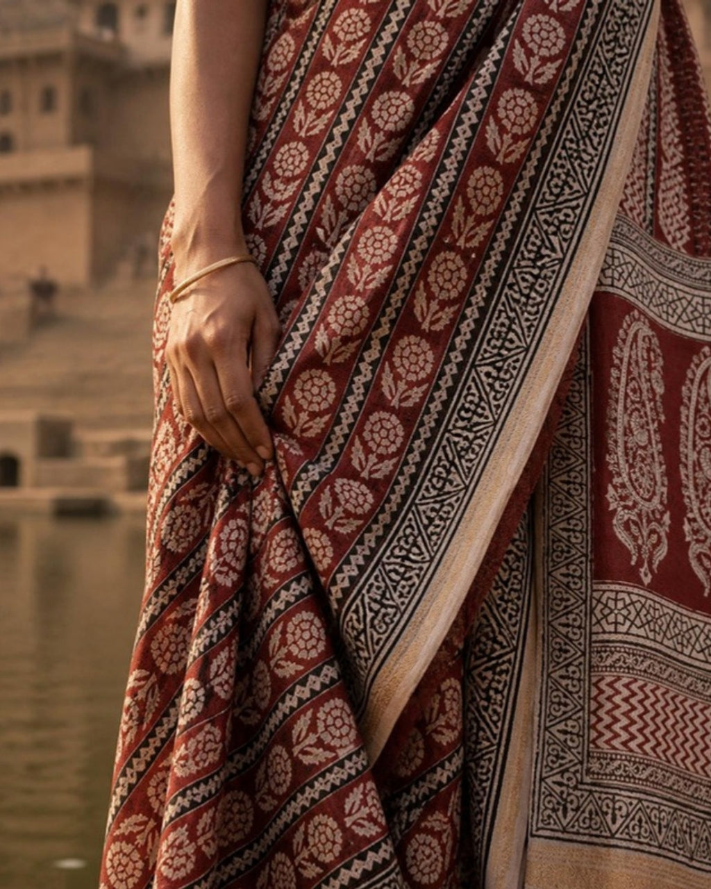Styled image: Sindoori Bagh Print Silk & Cotton Saree, border and pleats