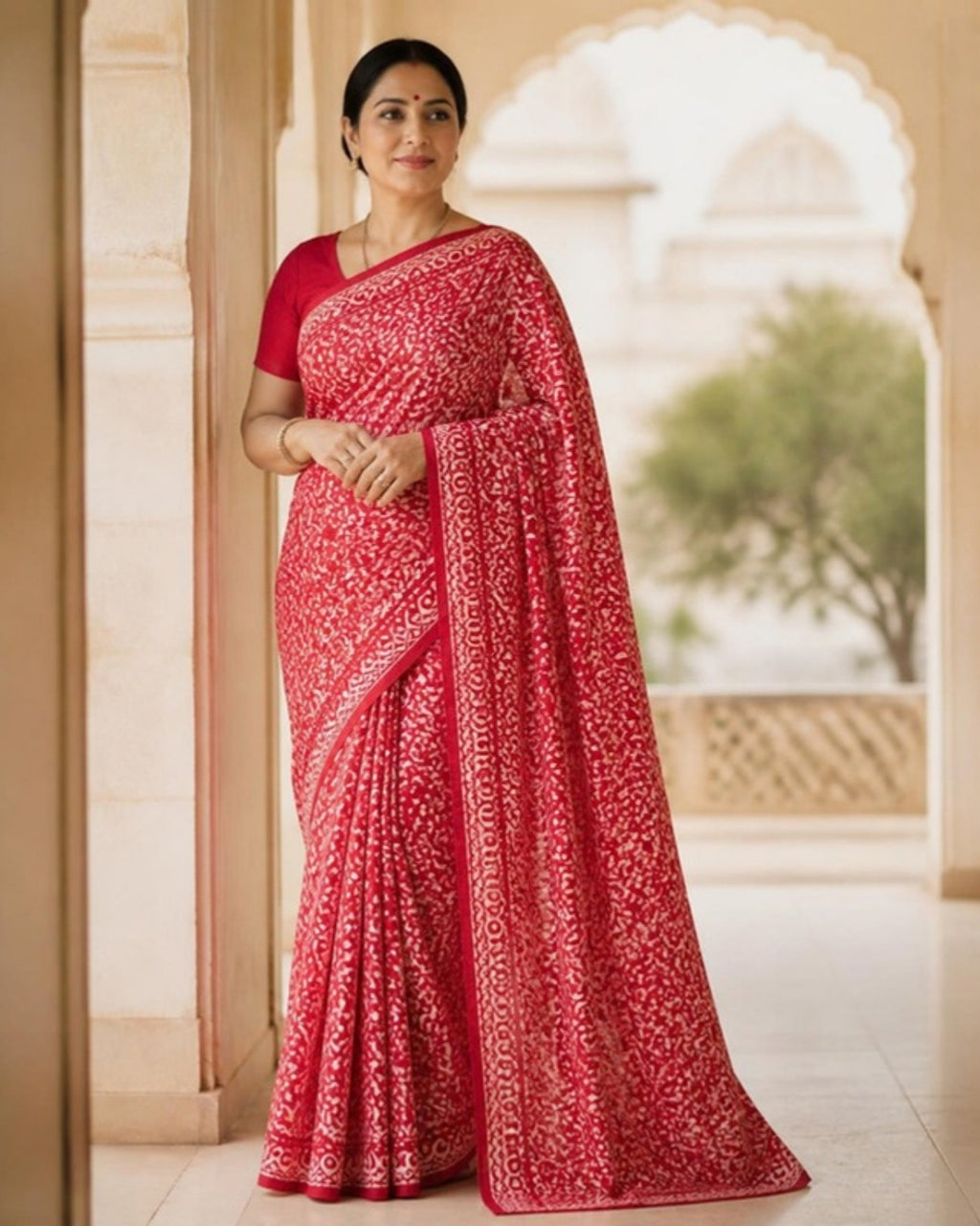 Styled image: model wearing the Handcrafted Batik Print Cotton Saree with Blouse Piece