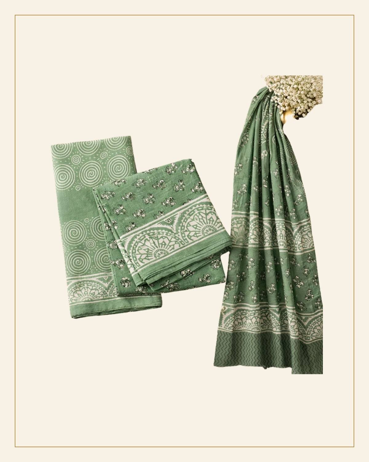 Handcrafted Dabu Print Cotton Dress Material – 3 Piece Set — Saptadhārā