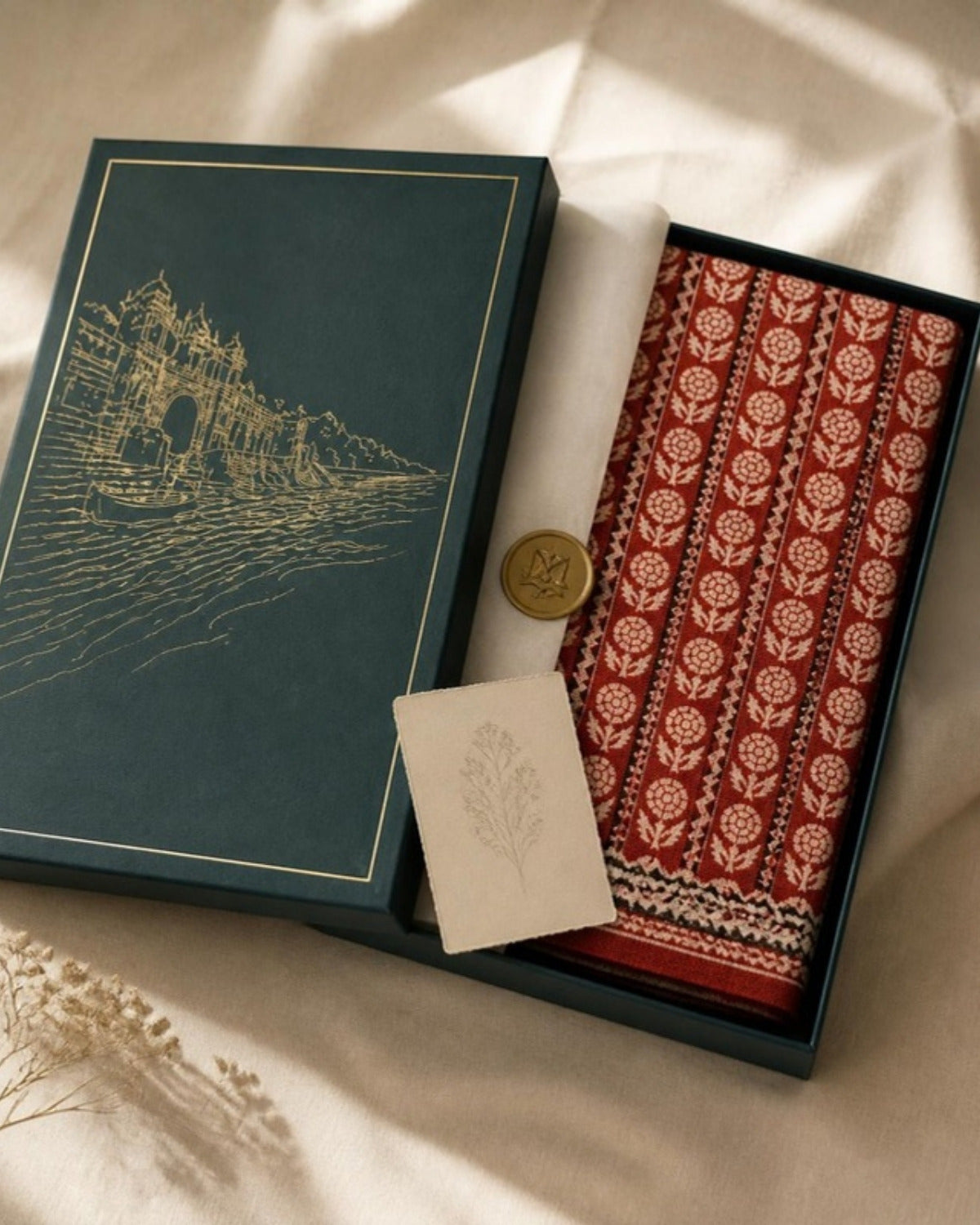 Packed in the Saptadhārā Narmada Edit box: Sindoori Bagh Print Silk & Cotton Saree