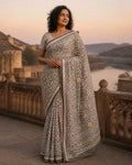 Styled image: model wearing the Handcrafted Batik Print Cotton Saree with Blouse Piece