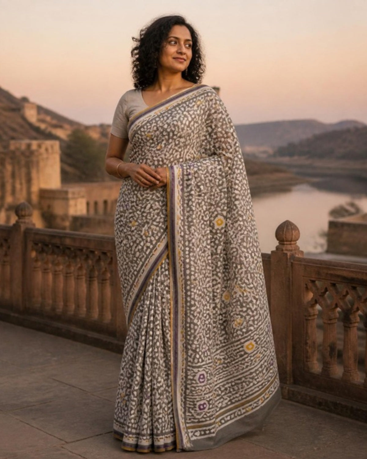 Styled image: model wearing the Handcrafted Batik Print Cotton Saree with Blouse Piece