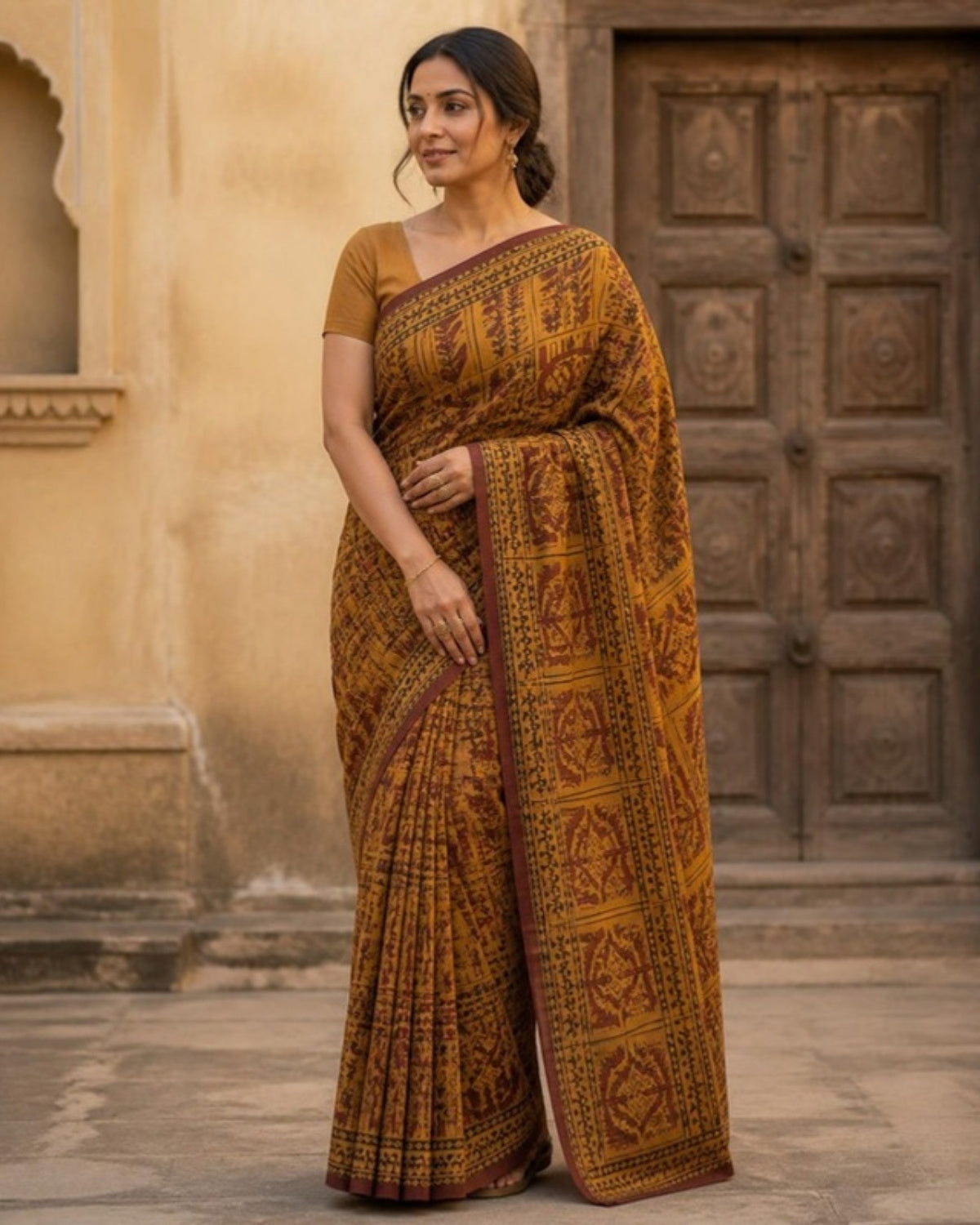 Styled image: model wearing the Bagh Hand Block Printed Cotton Saree – Traditional Natural Dye Drape