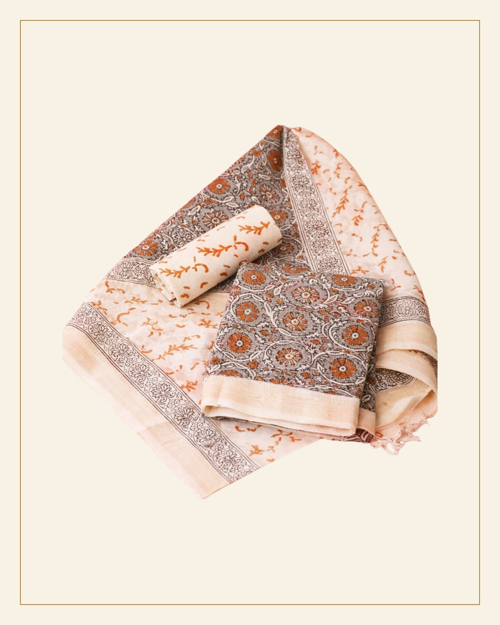 Block Print Kalamkari Maheshwari Unstitched Suit Set – Traditional Medallion Motif (3 Piece) — Saptadhārā