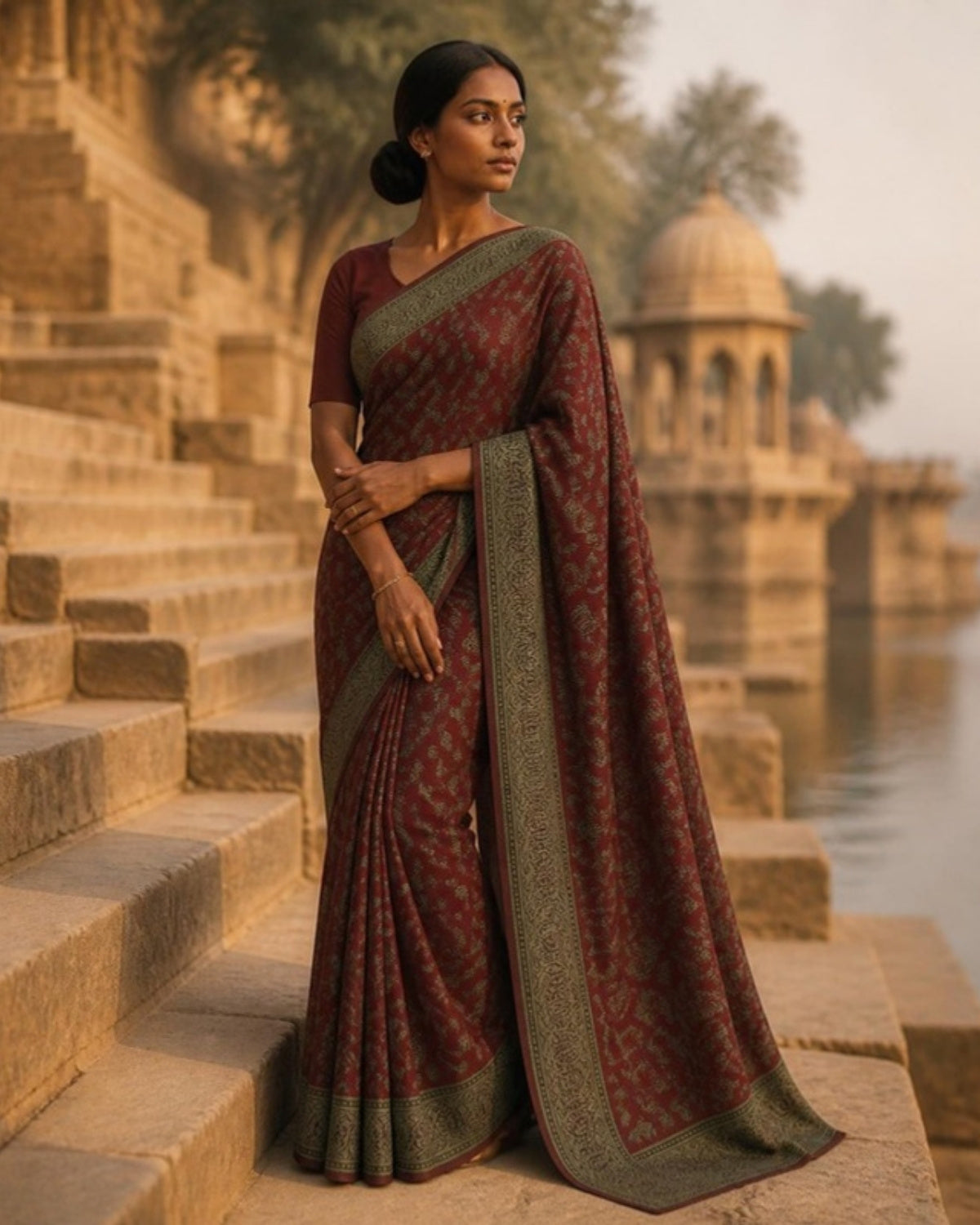 Styled image: model wearing the Bagh Hand Block Printed Cotton Saree – Traditional Natural Dye Drape