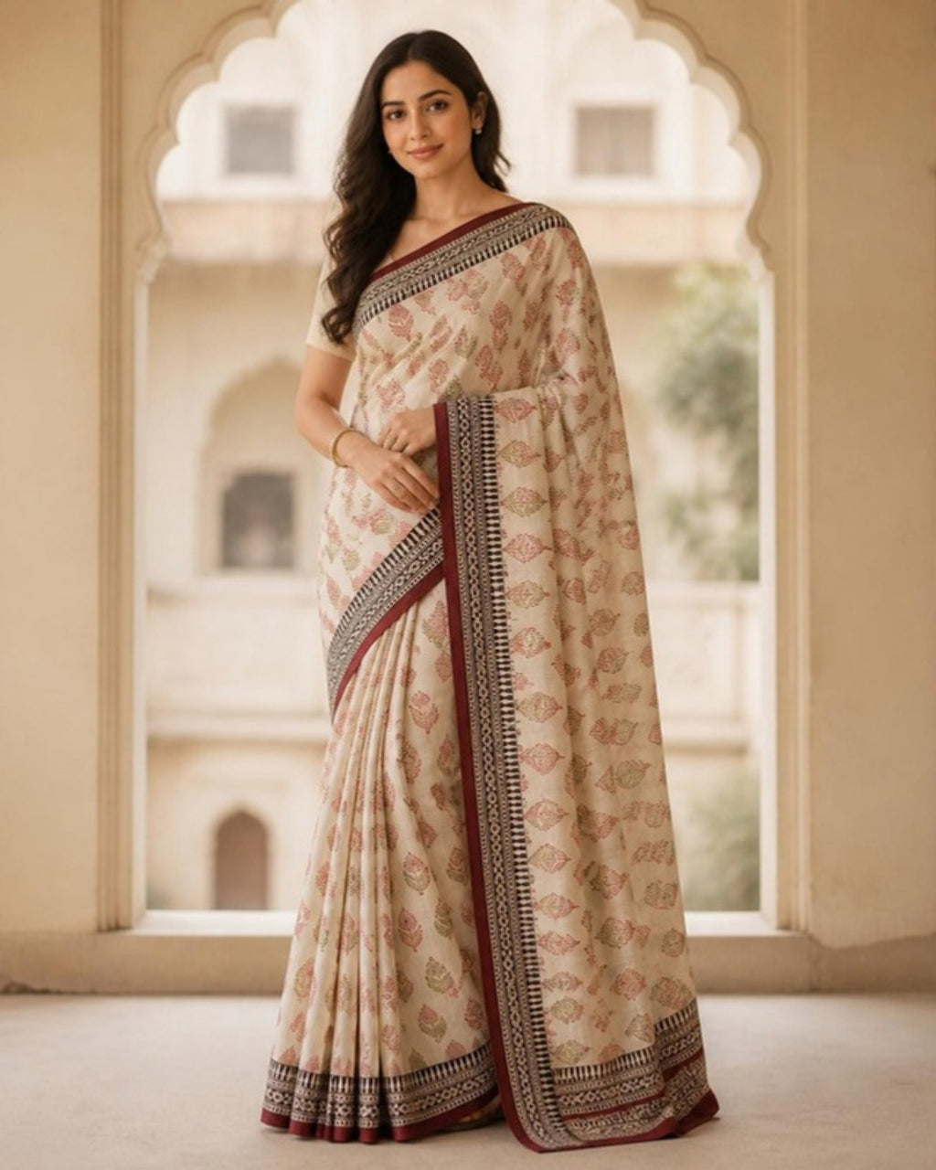 Styled image: model wearing the Bagh Hand Block Printed Cotton Saree – Traditional Natural Dye Drape