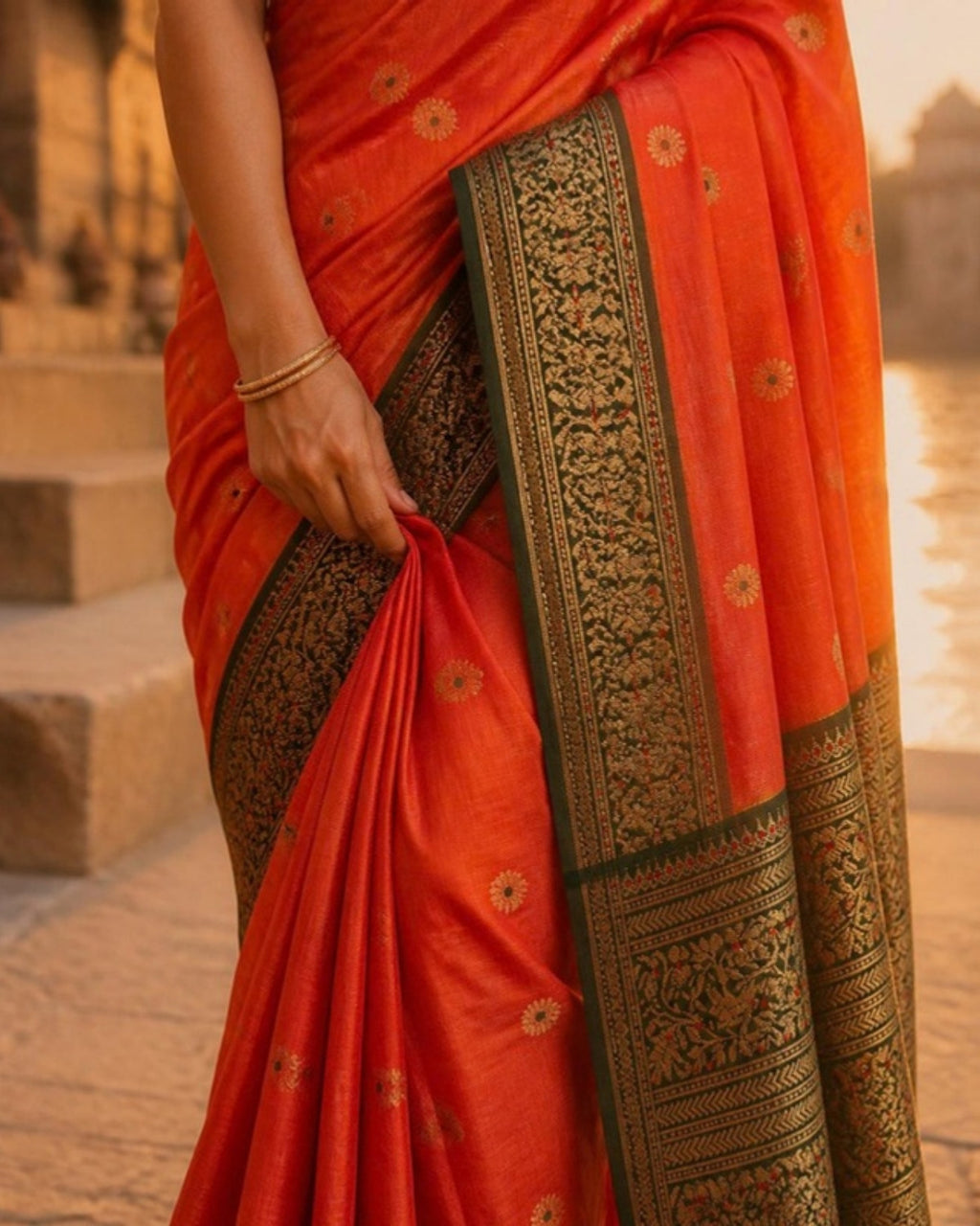Styled image: Sindoori Chanderi Silk Saree, border and pleats
