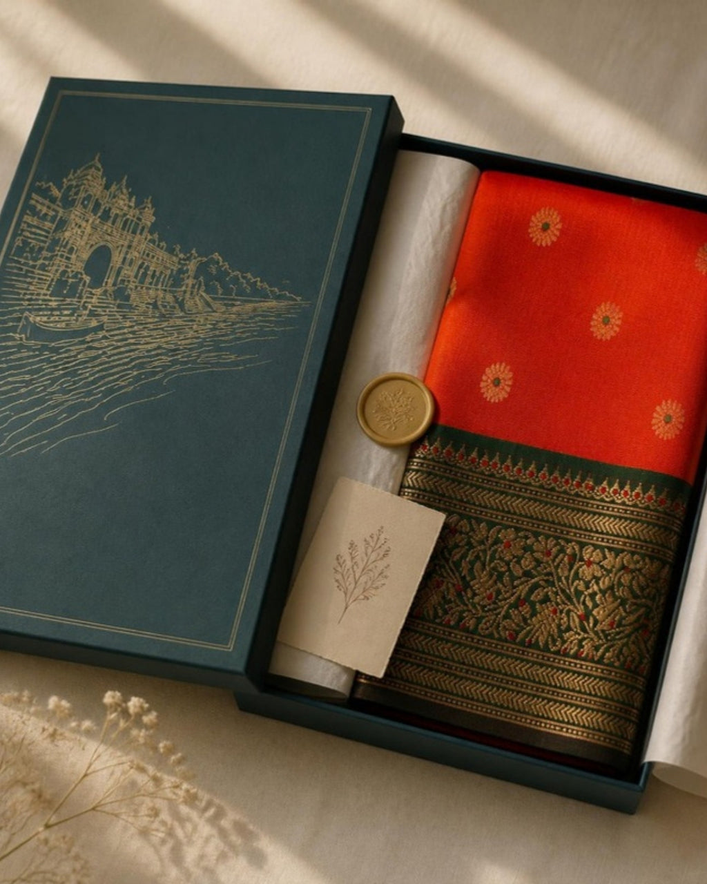 Packed in the Saptadhārā Narmada Edit box: Sindoori Chanderi Silk Saree