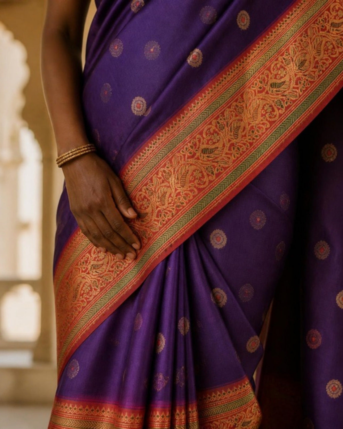 Styled image: Neel Chanderi Silk Saree, border and pleats