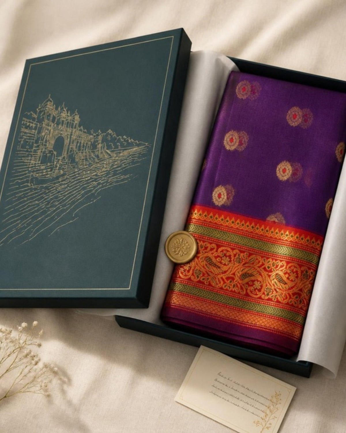 Packed in the Saptadhārā Narmada Edit box: Neel Chanderi Silk Saree