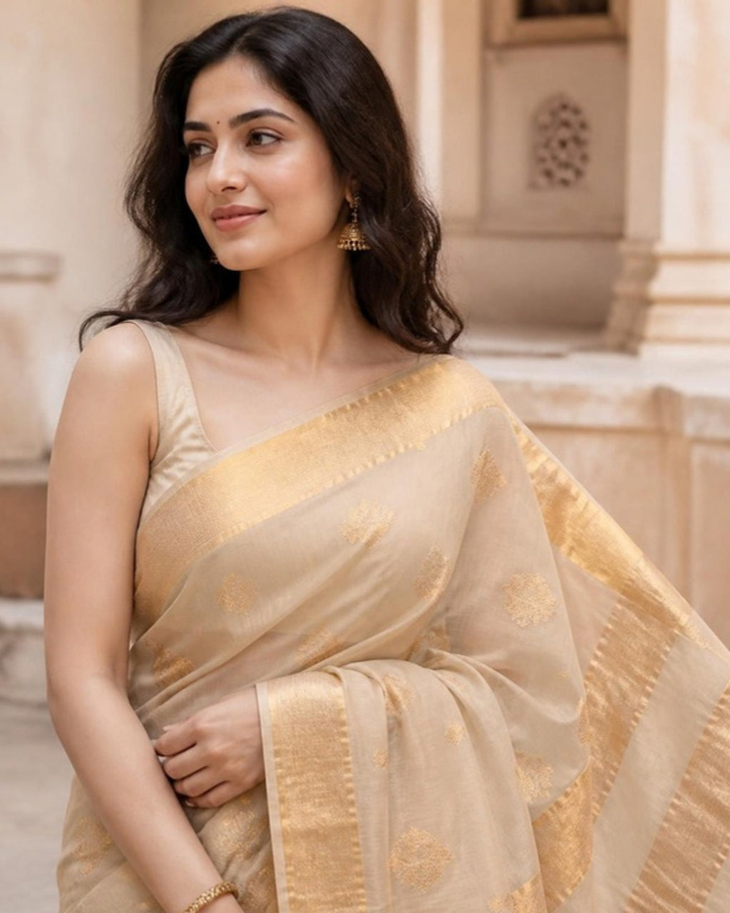 Styled image: Reti Chanderi Silk & Cotton Saree with Meena Butis, pallu view