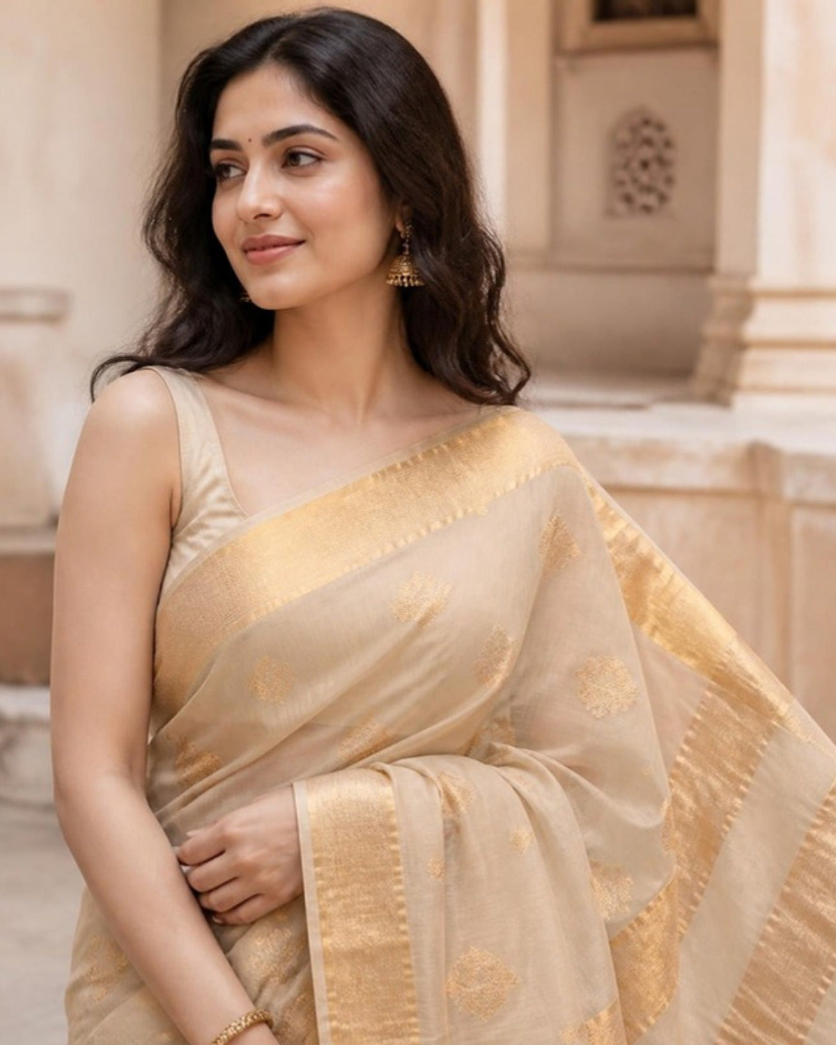 Styled image: Reti Chanderi Silk & Cotton Saree with Meena Butis, pallu view