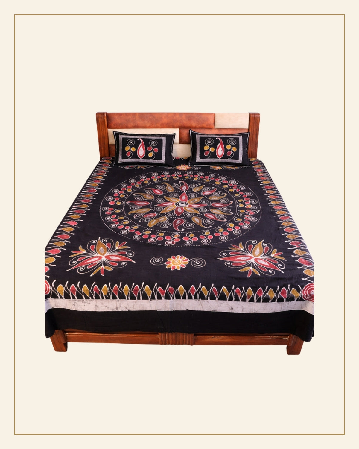 Handcrafted Batik Print Cotton Double Bed Sheet with Two Pillow Covers — Saptadhārā
