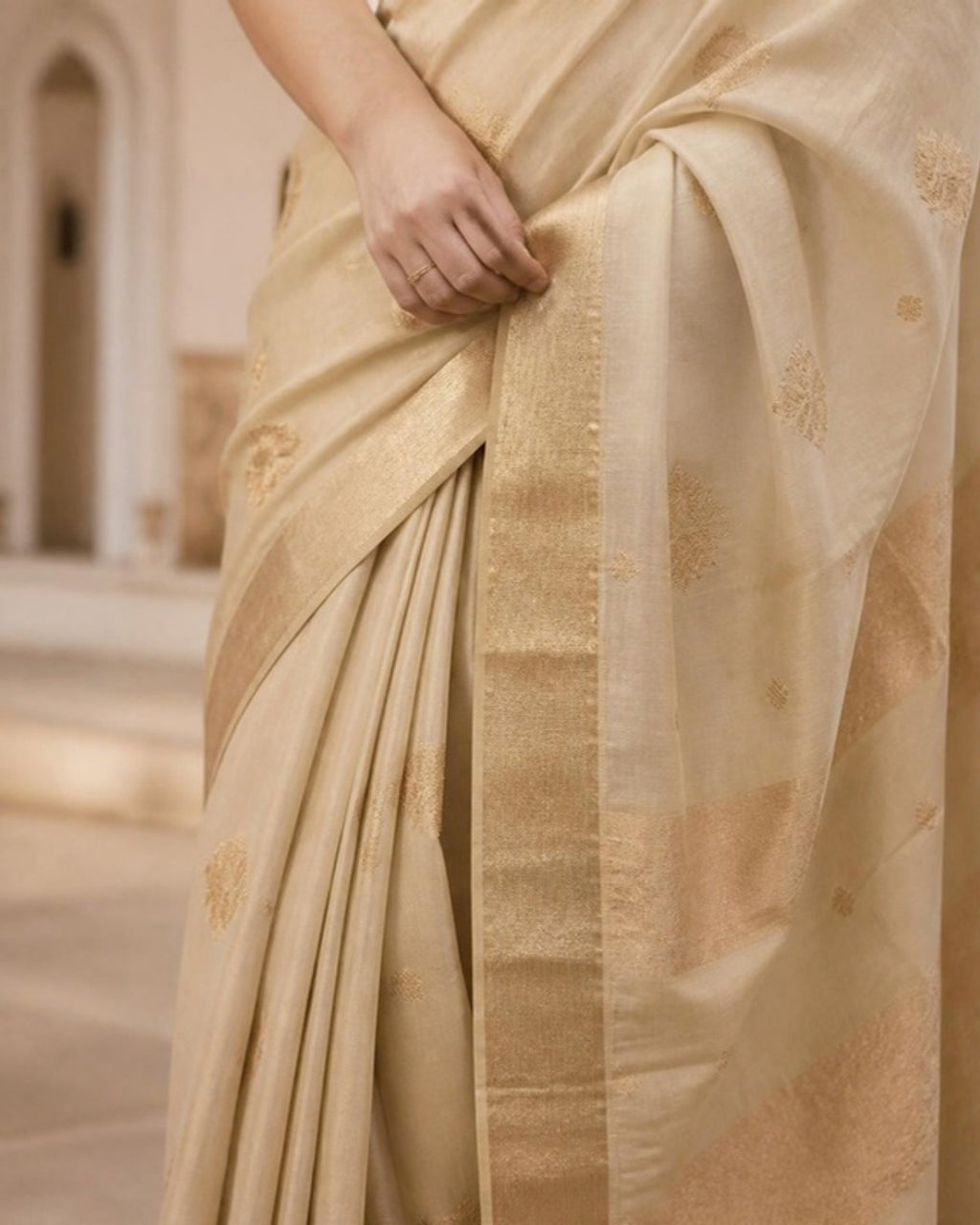 Styled image: Reti Chanderi Silk & Cotton Saree with Meena Butis, border and pleats