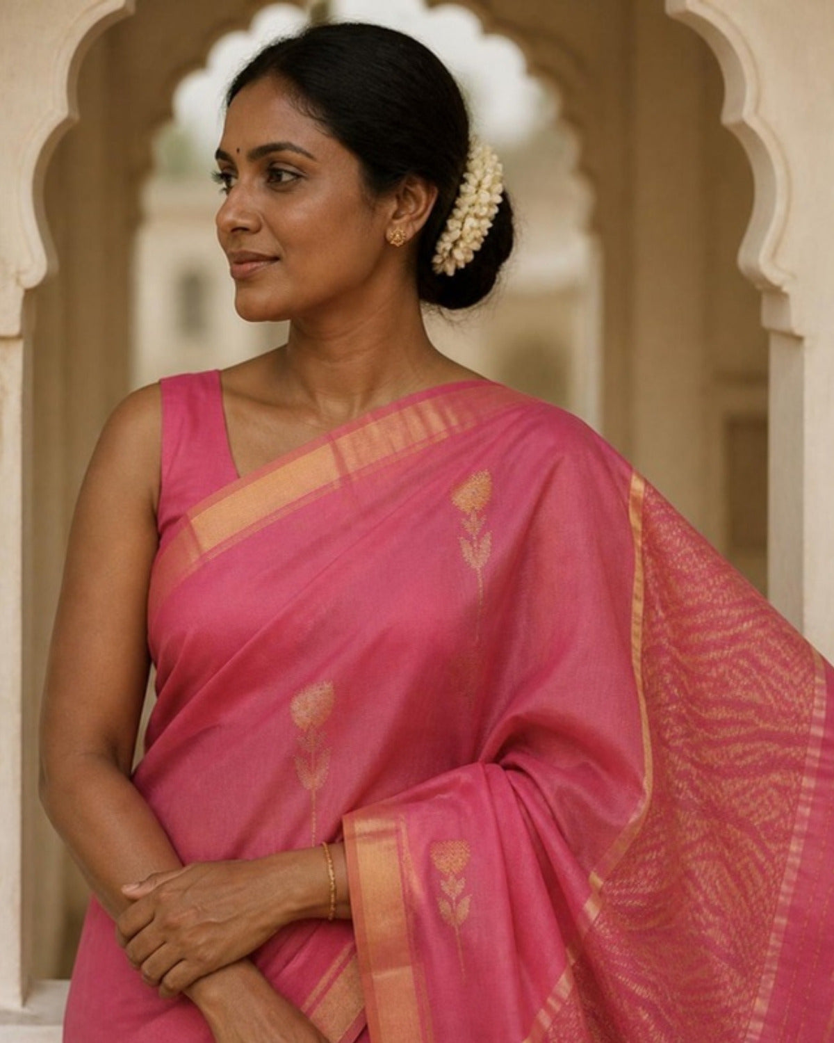 Styled image: Gulabi Chanderi Silk & Cotton Saree, pallu view