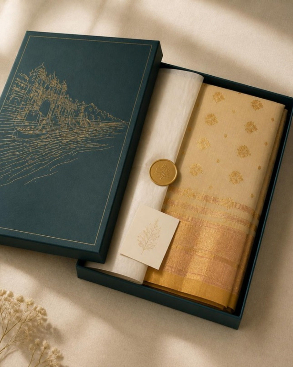 Packed in the Saptadhārā Narmada Edit box: Reti Chanderi Silk & Cotton Saree with Meena Butis