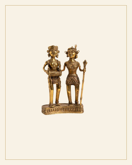 Handcrafted Brass Tribal Musician Couple Show Piece — Saptadhārā