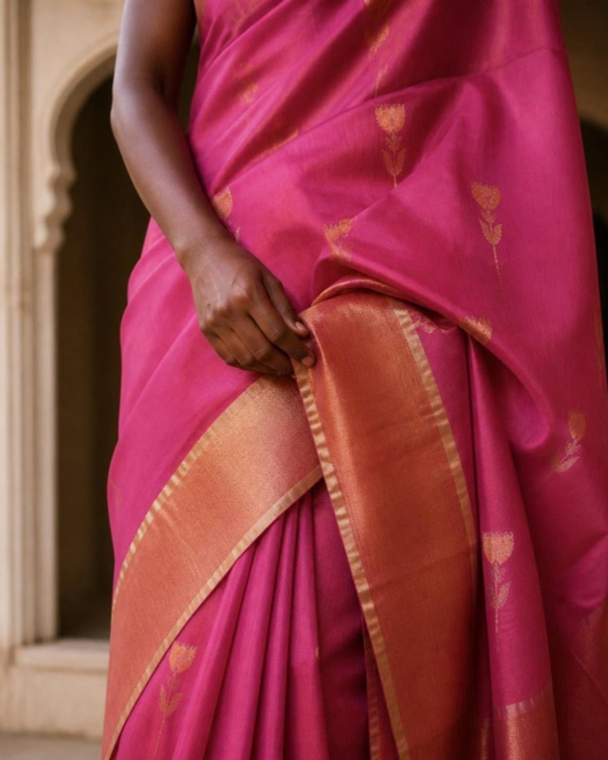 Styled image: Gulabi Chanderi Silk & Cotton Saree, border and pleats
