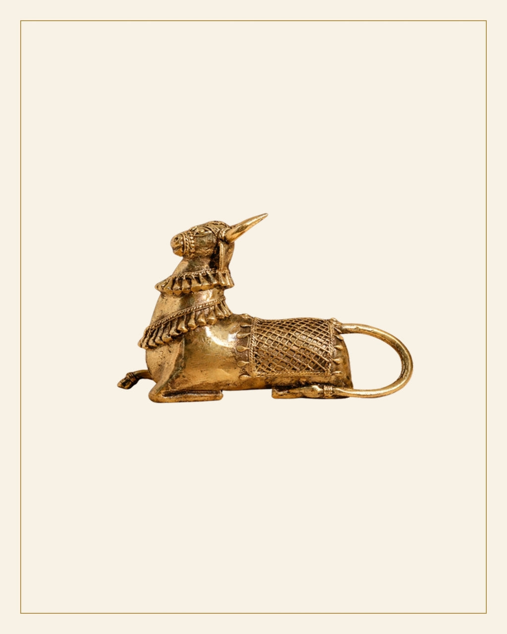 Handcrafted Brass Sitting Nandi Idol – Traditional Bhareva Bell Metal Sacred Bull Show piece — Saptadhārā