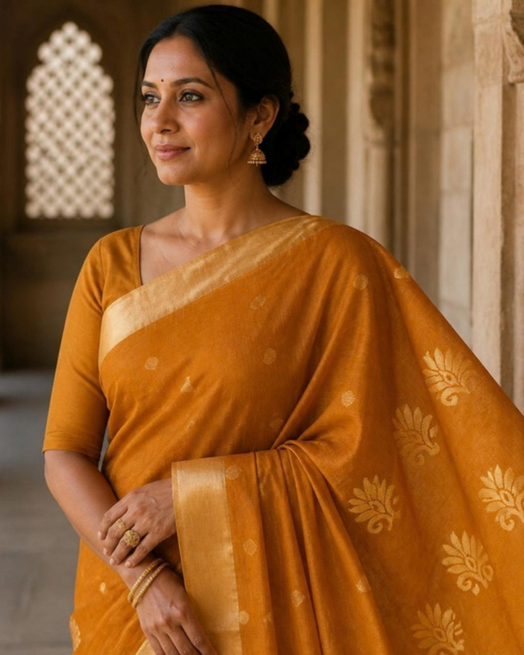 Styled image: Haldi Chanderi Silk & Cotton Saree, pallu view