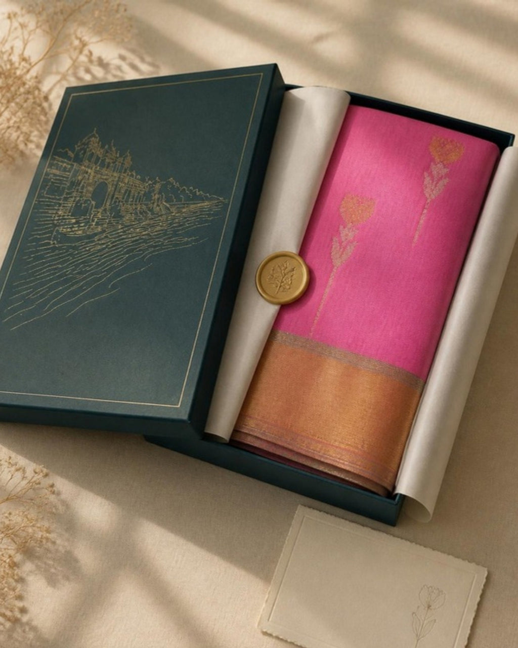 Packed in the Saptadhārā Narmada Edit box: Gulabi Chanderi Silk & Cotton Saree