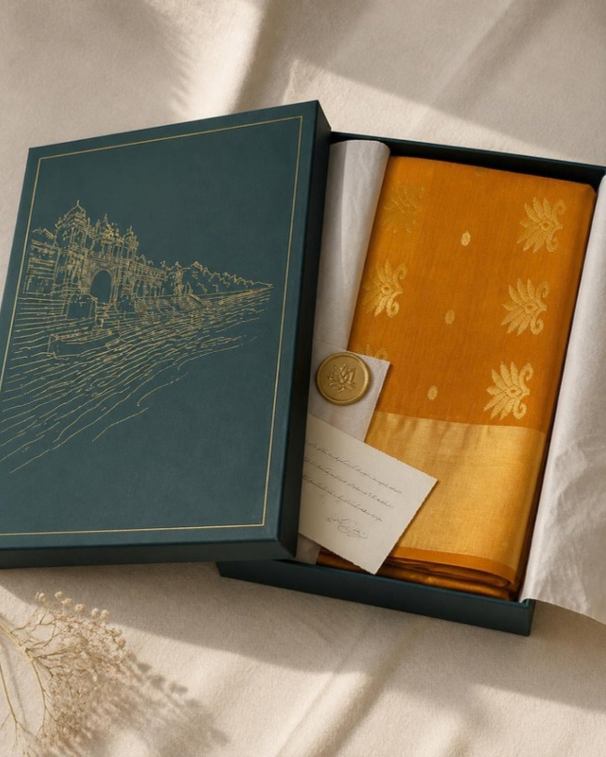Packed in the Saptadhārā Narmada Edit box: Haldi Chanderi Silk & Cotton Saree