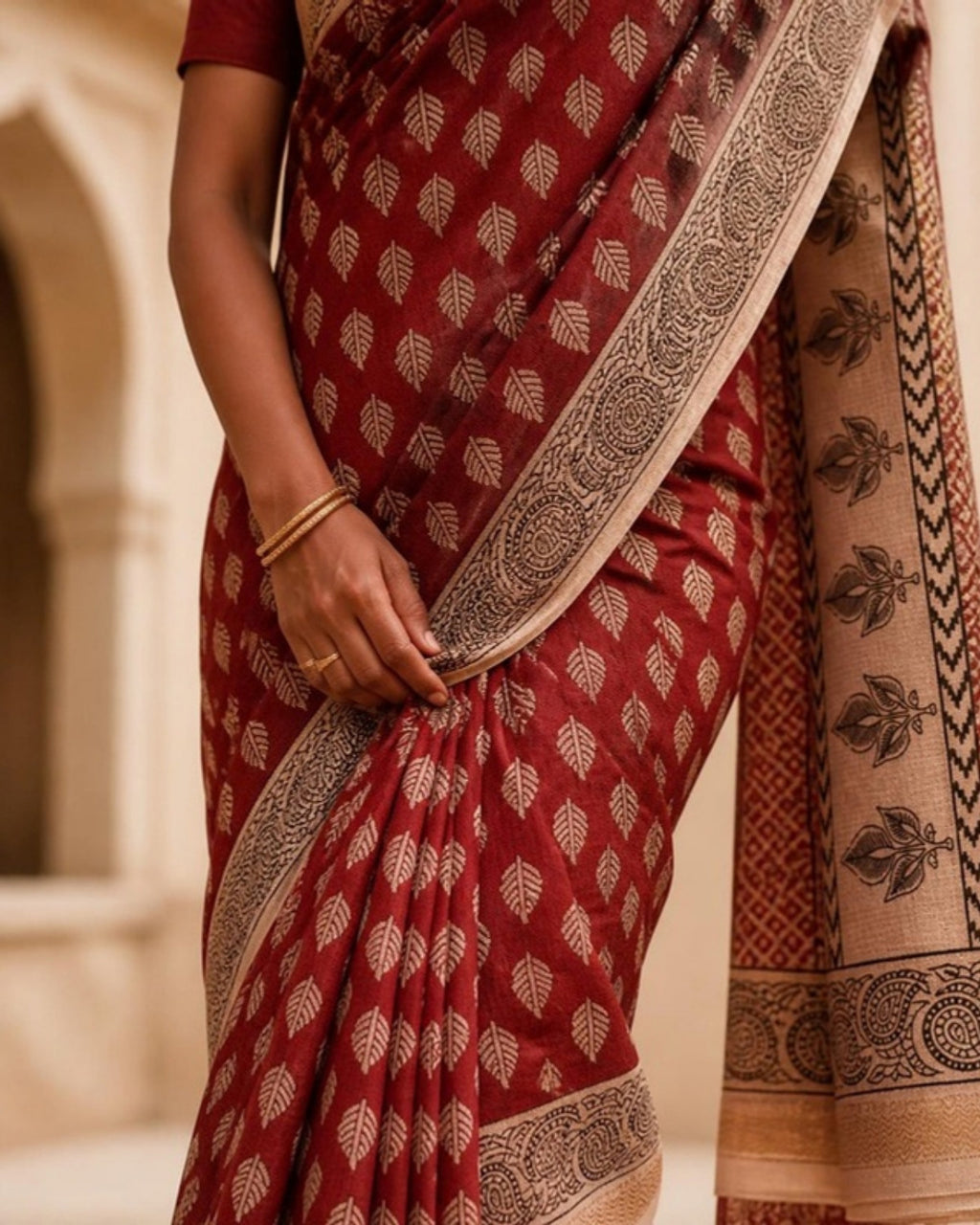 Styled image: Shyam Bagh Print Silk & Cotton Saree, border and pleats
